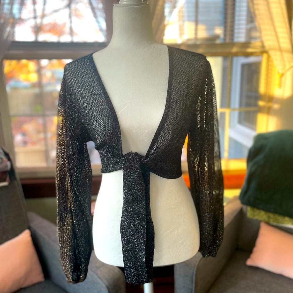 Express Black Mesh Sparkle Crop Top with Front Tie Design